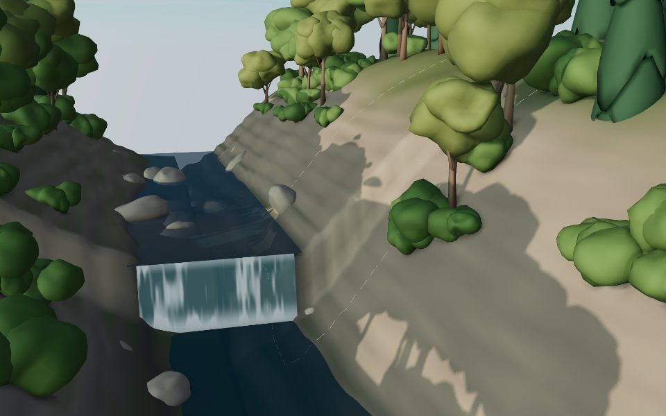A forested ravine with a waterfall